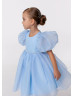 Puff Sleeves Organza Flower Girl Dress With Beaded Sash